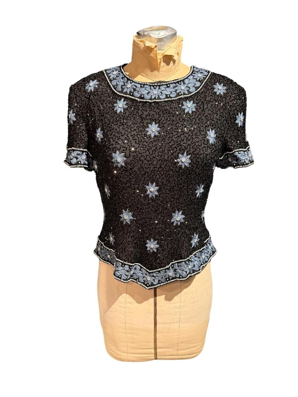 Côte d’Azur Vintage 100% Silk Black Beaded and Embroidered Short Sleeve Top